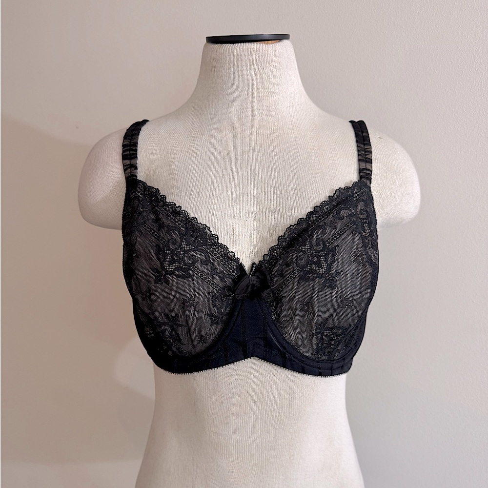 Felina Lingerie Black Lace Stripes Sheer Mesh Bra 38DD NWOT